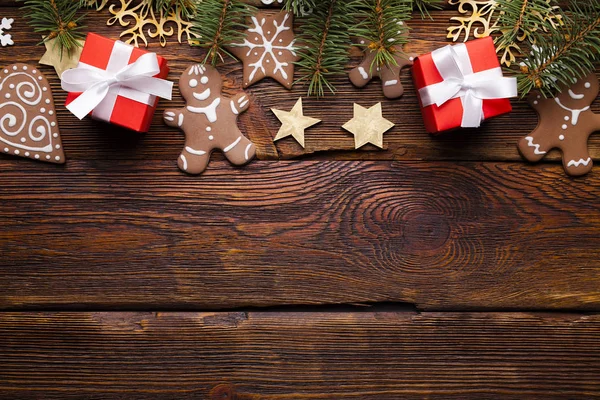 Decoraciones Navidad Galletas Jengibre Cajas Regalo Rama Abeto Estrellas Madera — Foto de Stock