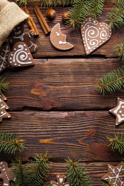 Χριστούγεννα Μελόψωμο Cookies Και Ερυθρελάτης Φόντο Ξύλινη — Φωτογραφία Αρχείου