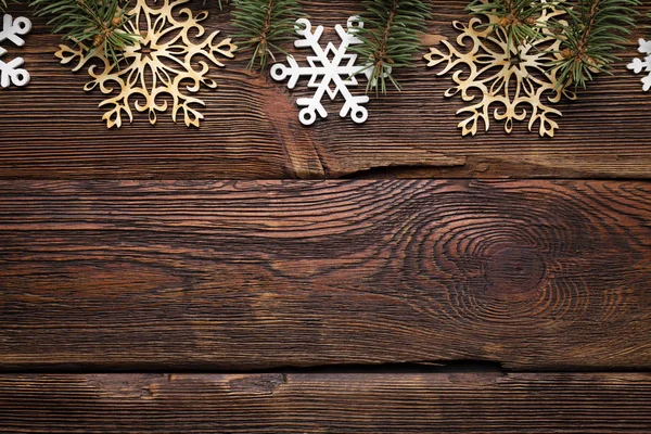 Fond Noël Branche Épinette Flocons Neige Bois Sur Table — Photo