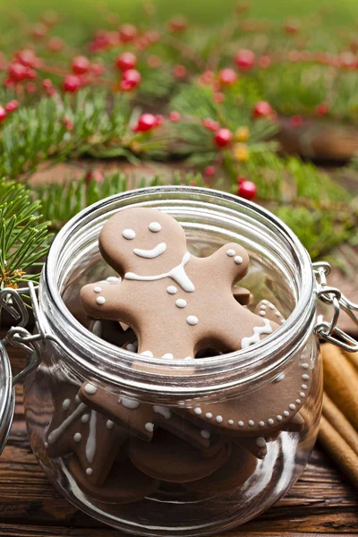 Gingerbread Christmas cookies in a jar, cinnamon, hazelnuts and branch of spruce tree on wooden table