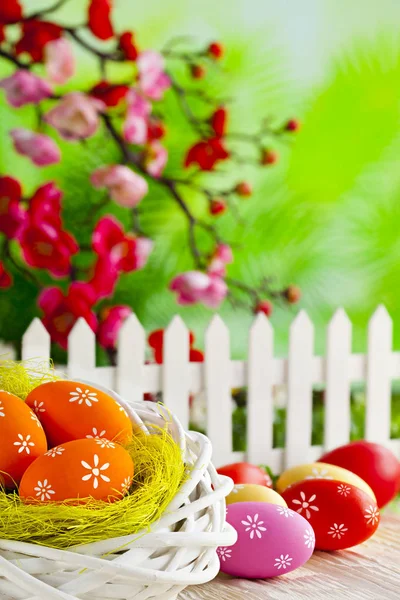 Színes Húsvét ikra-ban a fészek és a fából készült asztal és ágak w — Stock Fotó