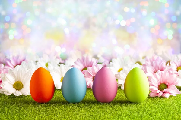 Flores rosas y blancas y huevos de Pascua en la hierba y colorido —  Fotos de Stock