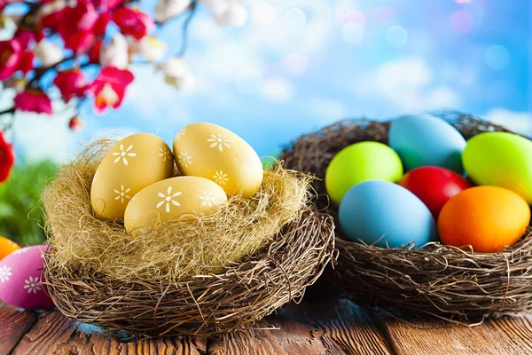 Великодні яйця на дерев'яному столі та фоні природи — стокове фото