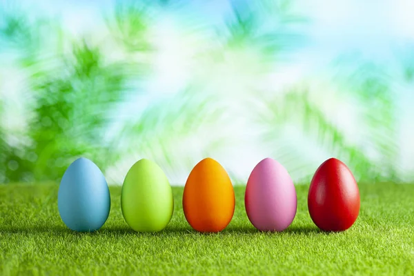 Cinque uova di Pasqua colorate su erba corta e natura astratta — Foto Stock