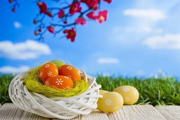 Ostereier im Nest und Holztisch auf Naturhintergrund — Stockfoto