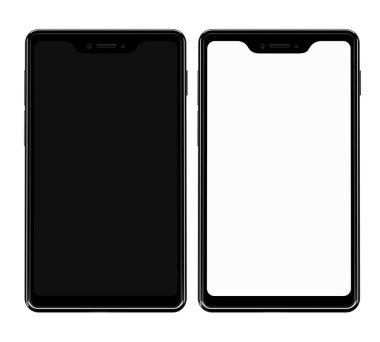 Beyaz üzerine boş beyaz ve boş siyah ekranlı modern akıllı telefon - 3D illüstrasyon