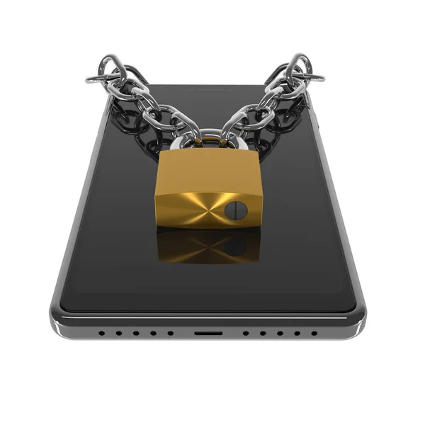 Black Modern Smartphone Blank Screen Chrome Chain Padlock Symbol Cell — Stock Photo, Image