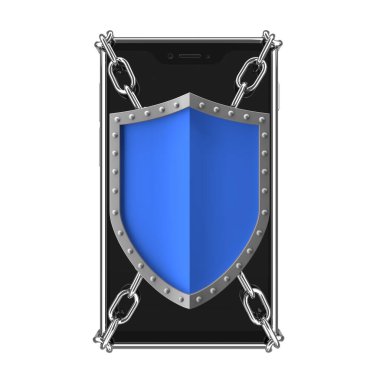 Cep telefonunun kötü amaçlı yazılım veya yetkisiz erişime karşı korunması - siyah modern akıllı telefon, koruyucu kalkan ve zincir - 3d illüstrasyon