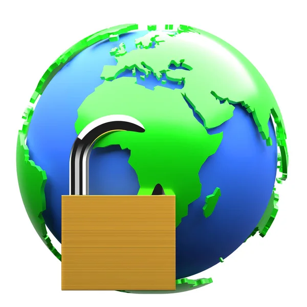 Padlock Globe White Background Illustration Concept Symbol Security Protection Access — Stock Photo, Image