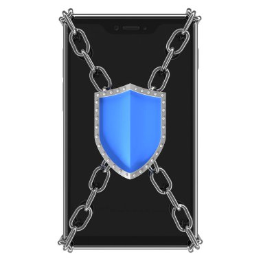 Akıllı telefon, boş ekranlı bir cep telefonu, krom zincir ve koruyucu kalkan - telefonu yetkisiz erişime veya kötü amaçlı yazılıma karşı korumanın bir sembolü olarak üç boyutlu görüntü