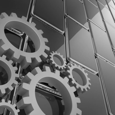 Akıllı telefon duvarı arkaplanındaki dişliler cep telefonu yazılım yapılandırması 3d illüstrasyonunun bir sembolü olarak