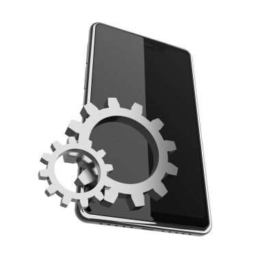 Siyah akıllı telefon ve metal dişli tekerlekler cep telefonu yapılandırma değişikliğinin sembolü olarak 3D illüstrasyon