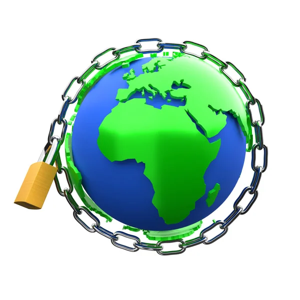 Steel Chain Padlock Globe Illustration Concept Protection Security Access Lock — Stock Photo, Image