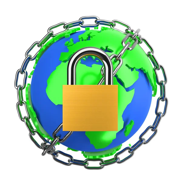 チェーン 南京錠とグローバル 世界的な保護とセキュリティまたはアクセスロックの3Dイラストの概念 — ストック写真
