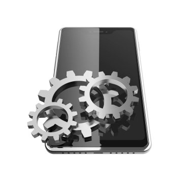 Siyah modern akıllı telefon ve çelik dişliler cep telefonu yapılandırmasının sembolü olarak 3D illüstrasyon
