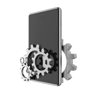 Cep telefonu yapılandırma değişikliğinin sembolü olarak siyah boş ekran ve metal dişli tekerleklere sahip modern akıllı telefon 3D illüstrasyon