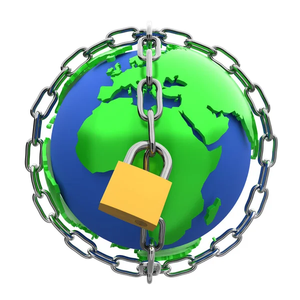 Concept Protection Security Access Lock Steel Chain Padlock Globe Illustration — Stock Photo, Image