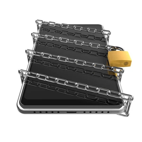 带链锁的现代黑色智能手机 抽象3D插图作为手机接入锁的符号 — 图库照片