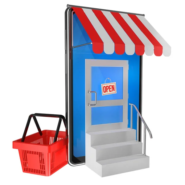 Shopping basket and smartphone as online store symbol of internet shopping 3d illustration