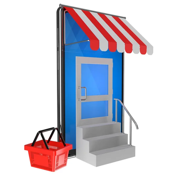 Shopping basket and smartphone as online store, internet shopping 3d illustration