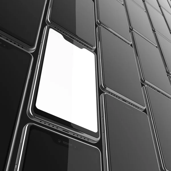 Стіна Сучасних Смартфонів Чорними Порожніми Екранами Один Білим Екраном Ілюстрація Стокове Зображення