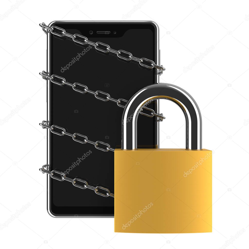 Mobile phone lock, data protection on the cell phone, black modern smartphone, steel chain and padlock - abstract 3d illustration