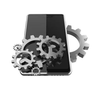 Siyah modern akıllı telefon ve çelik dişliler cep telefonu yapılandırmasının sembolü olarak 3D illüstrasyon