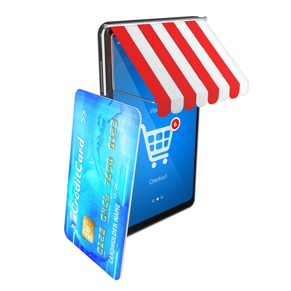 オンラインショッピングやモバイルアプリケーションへのアクセスのためのクレジットカードとスマートフォンのシンボル 3Dイラスト — ストック写真