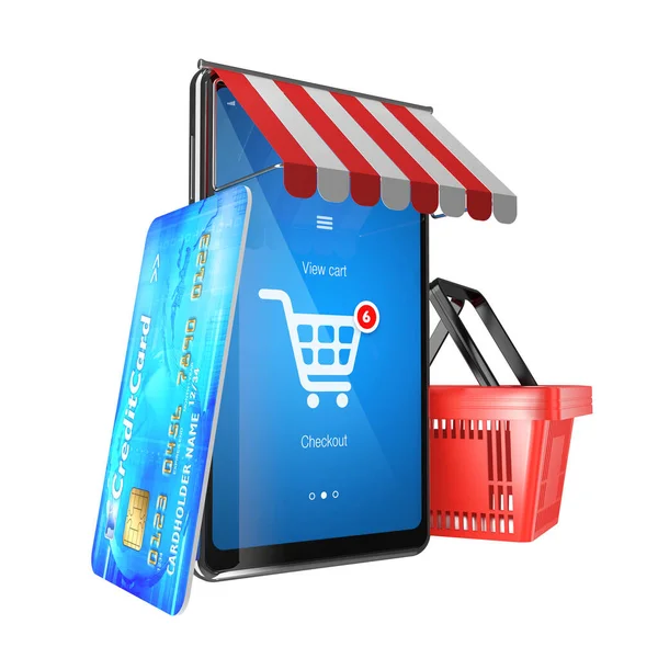 ショッピングバスケット クレジットカード オンラインショッピングやモバイルアプリケーションへのアクセスやインターネット決済のスマートフォンのシンボル 3Dイラスト — ストック写真