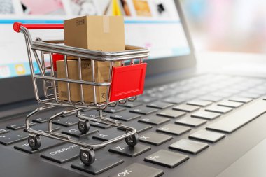 Bir dizüstü bilgisayarın üzerinde market alışveriş arabasında kutu taşımak - çevrimiçi alışveriş ve çevrimiçi mağazanın sembolü olarak 3D illüstrasyon