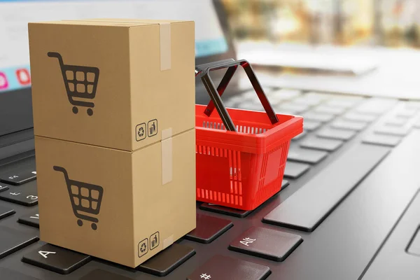 Karton Verzenddozen Boodschappenmandje Laptop Toetsenbord Als Symbool Van Online Winkelen — Stockfoto