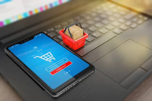 Teléfono Celular Con Aplicación Tienda Línea Pantalla Carrito Compras Cajas —  Fotos de Stock