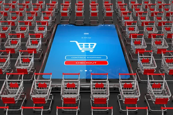 Lots Shopping Carts Mobile Phone Online Store App Screen Internet — Stock Photo, Image