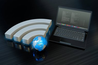 Wi-fi işaret simgesi ve dizüstü bilgisayar - kablosuz internet bağlantı sembolleri - 3d illüstrasyon