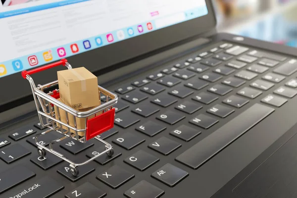 Shopping Cart Cardboard Boxes Laptop Keyboard Symbol Online Shopping Shipping — Stock Photo, Image