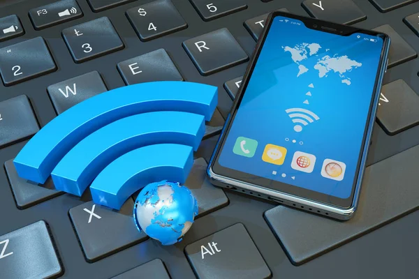 Sign Wifi Icon Smartphone Laptop Keyboard Symbol Wireless Internet Connection Stock Photo