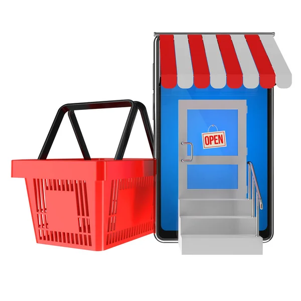 购物篮和智能手机作为网上商店的标志网上购物3D插图 图库图片