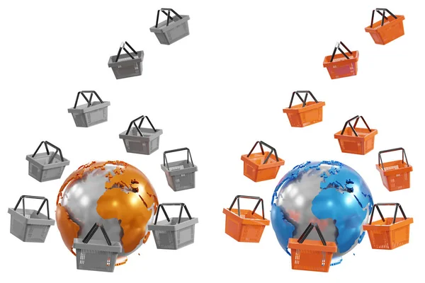 온라인 쇼핑의 상징으로 지구와 바구니 스톡 사진