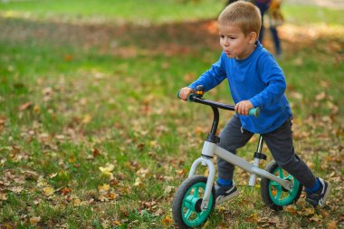 Sonbaharda parkta bisiklete binen küçük çocuk.