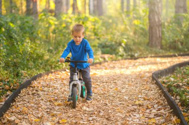 3 yıllık mutlu çocuk güz parkında bisikletle eğleniyor.