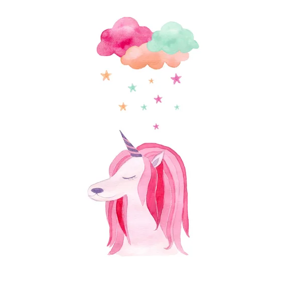 Set Acquerello Con Unicorno Nuvola Stellare Disegno Disegnato Mano Sfondo — Foto Stock