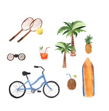 Plaj öğeleri, suluboya yaz kümesiyle el Beyaz arka plan, çizilmiş tasarım.