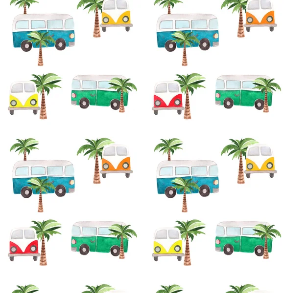 Akwarela Autobus Wzór Tropikalnych Palm Ręcznie Ilustracja Białym Tle — Zdjęcie stockowe