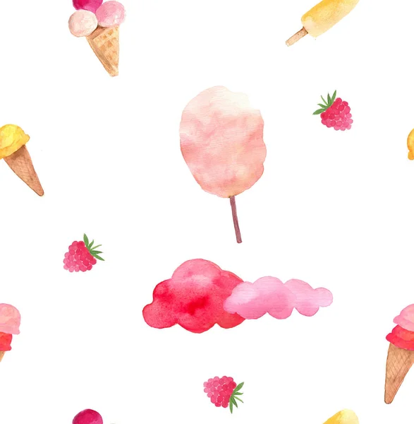 綿菓子 アイス クリーム コーン アイスキャンディー 白い背景にラズベリーと手描かれた水彩画のシームレス パターン — ストック写真
