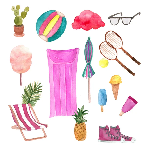 Suluboya yaz yüzme havuzu öğelerle ayarla.