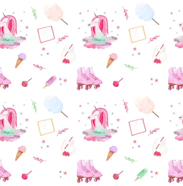 Watercolor Cute Fantasy Background Magical Unicorn Star Clouds Lovely Elements — Stock Photo, Image