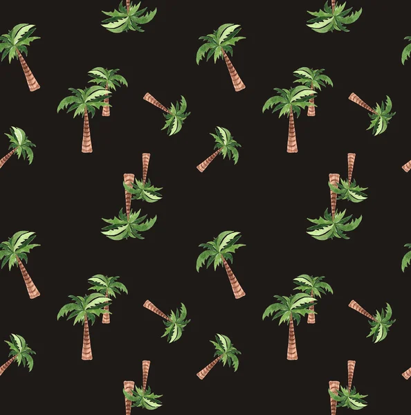 Sulu boya Dikişsiz desen elle çizilmiş siyah arka plan ile tropik avuç içi,.