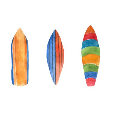 Sörf tahtaları renkli çizgili suluboya topluluğu. Beyaz arka plan, çizilen illüstrasyon el.