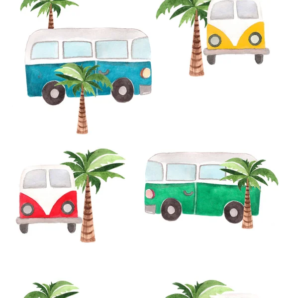 Watercolor hand drawn seamless pattern with hippie buses and tropical palms, illustration at white background