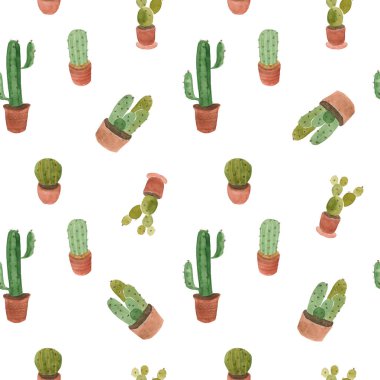 Suluboya kaktüs seamless modeli, elle çizilmiş tasarım.